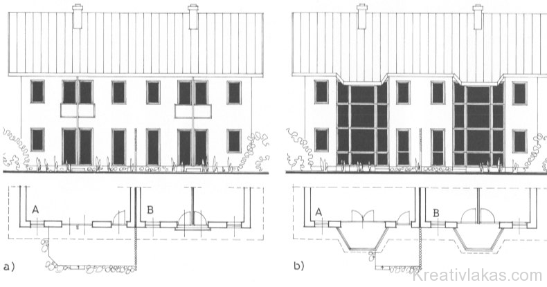 Többlakásos lakóház kerti homlok­zatának ablakozási alternatívái