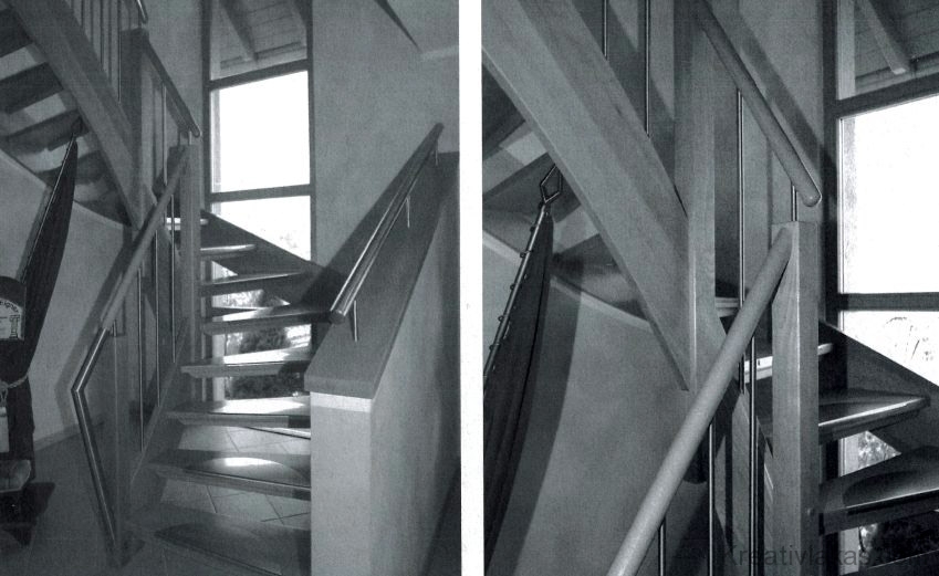 Tetőtér-beépítéses családi lakóház favázas, húzott karú „pofafal” lép­csőkorláttal