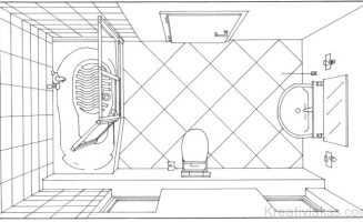 Egyszerű középméretű fürdőszoba mosdóval, WC-vel és zuhanyzásra is használható fürdőkáddal