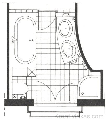 A legkisebb méretű fürdőszoba he­lyisége ikermosdóval és zuhanyzó­val kapcsolt francia erkéllyel