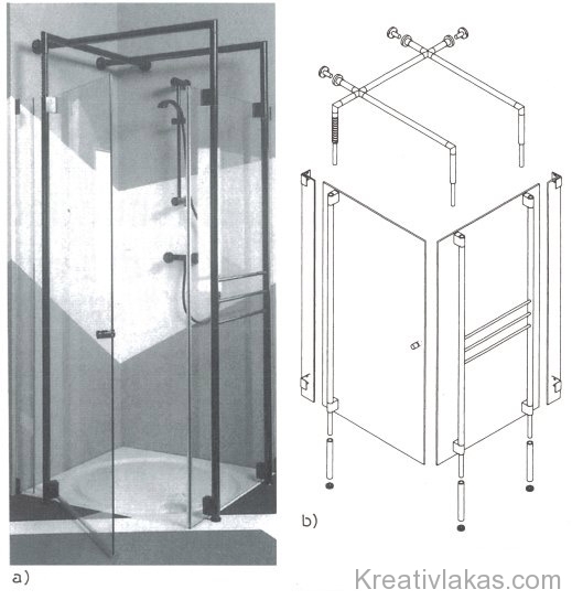 Sarokzuhany szerelt vázú zuhany­kabinnal a) nézet; b) elemrajz