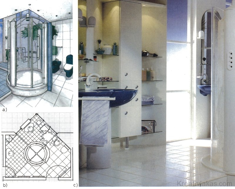 Elegáns fürdőszoba közép-zuhany­kabinnal 