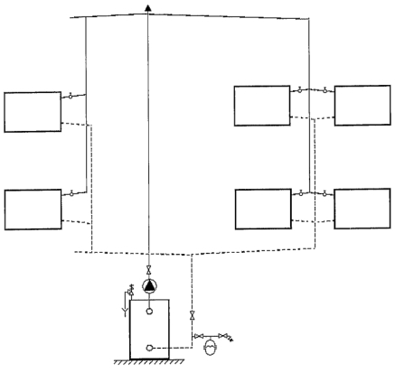 Felső elosztású kétcsöves fűtés kapcsolási rajza (Zárt tágulási tartállyal, légleválasztóval)