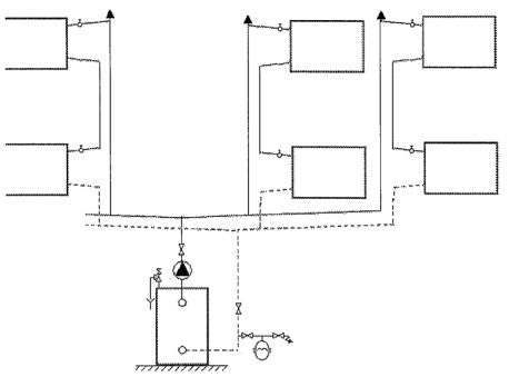 Alsó elosztású egycsöves fűtés kapcsolási rajza (Zárt tágulási tartállyal, légleválasztóval)