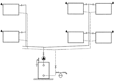 Alsó elosztású kétcsöves fűtés kapcsolási rajza (Zárt tágulási tartállyal, légleválasztóval)